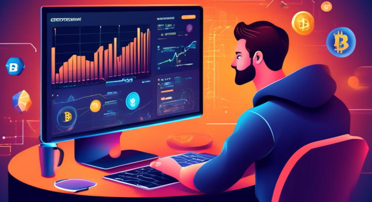 Create a digital illustration of a beginner’s guide to cryptocurrency trading. The image should feature a step-by-step guidebook with clear icons representing various cryptocurrency coins (like Bitcoin, Ethereum, etc.), a laptop showing a trading platform, and a person (novice trader) looking at the screen with interest. The background should include elements like graphs, upward and downward trends, and blockchain-like structures. Make the overall feel straightforward and beginner-friendly, with vibrant but not overwhelming colors.