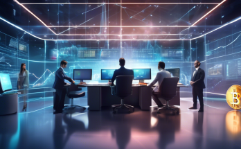 Create an image depicting a futuristic financial office with state-of-the-art technology, illustrating digital assets and cryptocurrencies being analyzed and traded. Include people in professional attire examining complex charts and graphs on transparent screens, with holographic representations of popular cryptocurrencies like Bitcoin and Ethereum. The setting should emphasize innovation and modern finance, highlighting a new era in digital asset investment through a blend of traditional financial elements and cutting-edge technology.