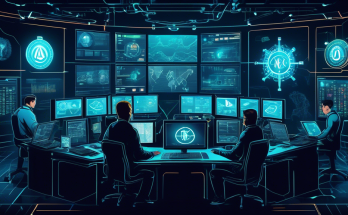 Create a detailed illustration depicting a high-tech control room filled with multiple screens showing cryptocurrency charts, graphs, and trading platforms. In the center, place a modern representation of the Kraken logo, suggesting it's overseeing the trading activity. Surround the control room with elements symbolizing security, such as padlocks, shields, and encrypted codes, to emphasize the importance of security in trading on the Kraken platform. The overall ambiance should be futuristic and tech-savvy, with a color scheme that includes shades of blue and silver.