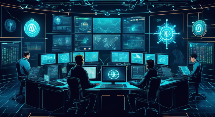 Create a detailed illustration depicting a high-tech control room filled with multiple screens showing cryptocurrency charts, graphs, and trading platforms. In the center, place a modern representation of the Kraken logo, suggesting it's overseeing the trading activity. Surround the control room with elements symbolizing security, such as padlocks, shields, and encrypted codes, to emphasize the importance of security in trading on the Kraken platform. The overall ambiance should be futuristic and tech-savvy, with a color scheme that includes shades of blue and silver.