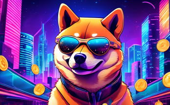 Create a vibrant digital illustration that captures the meteoric rise of Shiba Inu Coin in the cryptocurrency market. Imagine a playful Shiba Inu dog wearing futuristic sunglasses, surrounded by stacks of digital coins with the Shiba Inu logo. The background should be a blend of stock market graphs and neon-lit cityscapes, symbolizing both financial growth and modern technology.