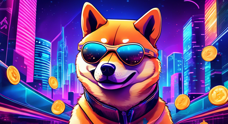 Create a vibrant digital illustration that captures the meteoric rise of Shiba Inu Coin in the cryptocurrency market. Imagine a playful Shiba Inu dog wearing futuristic sunglasses, surrounded by stacks of digital coins with the Shiba Inu logo. The background should be a blend of stock market graphs and neon-lit cityscapes, symbolizing both financial growth and modern technology.