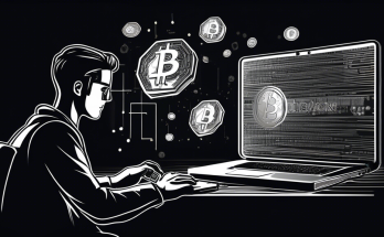 Create an illustration of a person using their credit card to buy cryptocurrency online. The scene should include a laptop displaying a cryptocurrency exchange website, a credit card being held in one hand, and digital coins like Bitcoin and Ethereum floating around the computer screen. The background should be modern and tech-inspired with abstract graphics representing blockchain and digital transactions.