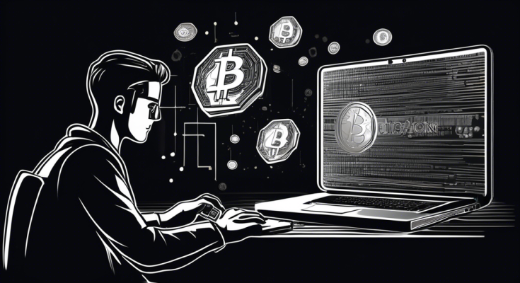 Create an illustration of a person using their credit card to buy cryptocurrency online. The scene should include a laptop displaying a cryptocurrency exchange website, a credit card being held in one hand, and digital coins like Bitcoin and Ethereum floating around the computer screen. The background should be modern and tech-inspired with abstract graphics representing blockchain and digital transactions.