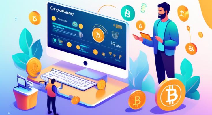 A detailed, illustrative guide showing a person purchasing cryptocurrency using a debit card. The scene includes a computer screen displaying a cryptocurrency exchange platform, a person holding a debit card, and step-by-step instructions visually represented beside the images. Bright and informative visuals include icons for popular cryptocurrencies like Bitcoin and Ethereum, and a secure online transaction setting with clear, concise steps listed. The overall aesthetic is modern and user-friendly, emphasizing security and ease of use.