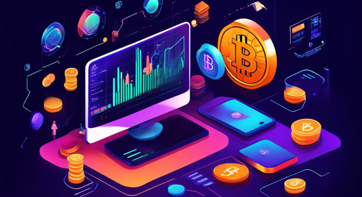 Create a visually appealing illustration that introduces the concept of crypto trading for beginners. The scene should include digital representations of popular cryptocurrencies like Bitcoin and Ethereum, a friendly user interface with graphs and charts, and an individual studying these elements intently. The background could feature a blend of financial imagery and futuristic digital elements to signify the innovation of blockchain technology. Use a color scheme that is inviting yet professional.