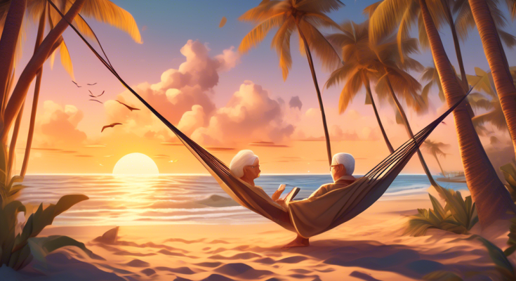 Create a detailed illustration of a serene sunset beach scene where a retired couple lounges in hammocks, enjoying their retirement. Incorporate digital cryptocurrency symbols subtly into the waves and the sky, and display a digital tablet beside them showing a healthy growing investment portfolio. The overall mood should be peaceful and hopeful, reflecting the potential fulfillment and financial security of a Crypto IRA.