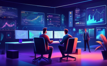 Create a detailed and visually captivating illustration of a futuristic office where diverse individuals are engaged in crypto trading. Show multiple screens displaying various cryptocurrency charts and data analytics. On one screen, display a Smart Strategies checklist to indicate strategic planning. Add elements such as a digital wallet, blockchain symbols, and ascending graph lines to highlight success. The ambiance should be modern and technologically advanced.