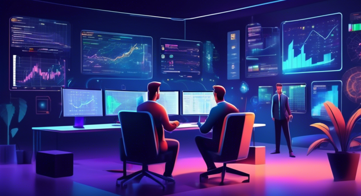 Create a detailed and visually captivating illustration of a futuristic office where diverse individuals are engaged in crypto trading. Show multiple screens displaying various cryptocurrency charts and data analytics. On one screen, display a Smart Strategies checklist to indicate strategic planning. Add elements such as a digital wallet, blockchain symbols, and ascending graph lines to highlight success. The ambiance should be modern and technologically advanced.