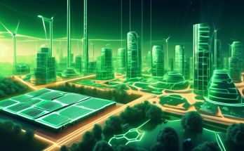 Create an image depicting the future of cryptocurrency mining: a high-tech facility with advanced, energy-efficient mining rigs and AI-powered systems. The setting should also include renewable energy sources like solar panels and wind turbines integrated around the facility. Highlight trends such as the use of green technology and decentralized networks, with visuals of blockchain and data flowing seamlessly. Include a futuristic cityscape in the background to emphasize the advanced technology era.