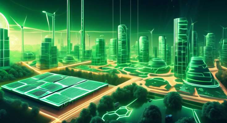 Create an image depicting the future of cryptocurrency mining: a high-tech facility with advanced, energy-efficient mining rigs and AI-powered systems. The setting should also include renewable energy sources like solar panels and wind turbines integrated around the facility. Highlight trends such as the use of green technology and decentralized networks, with visuals of blockchain and data flowing seamlessly. Include a futuristic cityscape in the background to emphasize the advanced technology era.