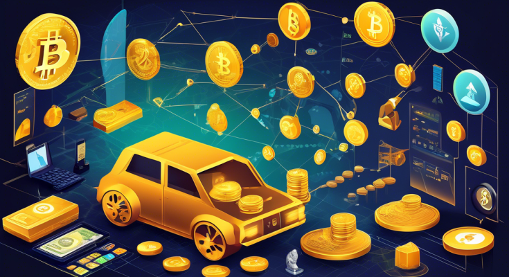 Create an image depicting the evolution of finance through the ages, with a focus on cryptocurrency. Show ancient trade with gold coins and barter systems transitioning to modern digital transactions and blockchain technology. Highlight vibrant symbols of popular cryptocurrencies like Bitcoin and Ethereum, with tech-savvy individuals analyzing graphs and secure digital wallets, set against a backdrop of futuristic, interconnected global finance network.