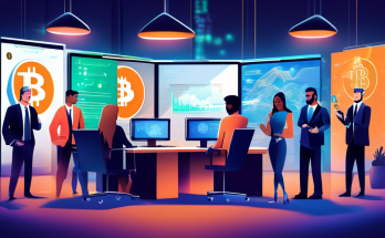 Create a digital illustration that showcases the top cryptocurrencies to buy, featuring expert recommendations. Include a diverse group of financial experts in a modern office setting, discussing and pointing at a large digital screen displaying popular cryptocurrencies like Bitcoin, Ethereum, and others. The background should feature sleek, futuristic design elements, highlighting the high-tech and cutting-edge nature of the conversation.