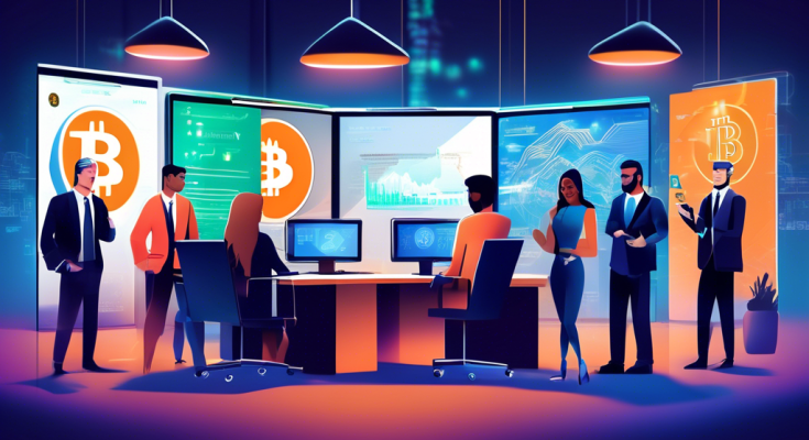 Create a digital illustration that showcases the top cryptocurrencies to buy, featuring expert recommendations. Include a diverse group of financial experts in a modern office setting, discussing and pointing at a large digital screen displaying popular cryptocurrencies like Bitcoin, Ethereum, and others. The background should feature sleek, futuristic design elements, highlighting the high-tech and cutting-edge nature of the conversation.