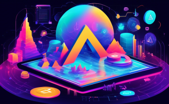 Create an illustration of a futuristic digital landscape where vibrant holographic charts and cryptocurrency symbols float around a central figure studying them intently on a tablet. The scene should include elements representing FTX, such as its logo and a trading interface, to emphasize the theme of learning and understanding crypto trading.