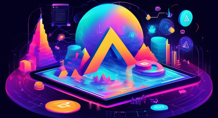 Create an illustration of a futuristic digital landscape where vibrant holographic charts and cryptocurrency symbols float around a central figure studying them intently on a tablet. The scene should include elements representing FTX, such as its logo and a trading interface, to emphasize the theme of learning and understanding crypto trading.