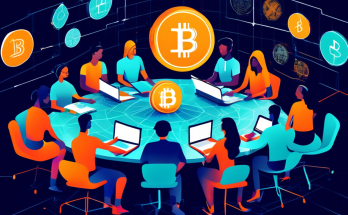 Create an image of a diverse group of people sitting around a table with laptops and notebooks, all engaged in learning about cryptocurrency. The background includes vibrant charts, blockchain symbols, digital coins like Bitcoin, Ethereum, and various crypto icons. The setting should be modern and educational, suggesting a collaborative and friendly atmosphere for beginners.