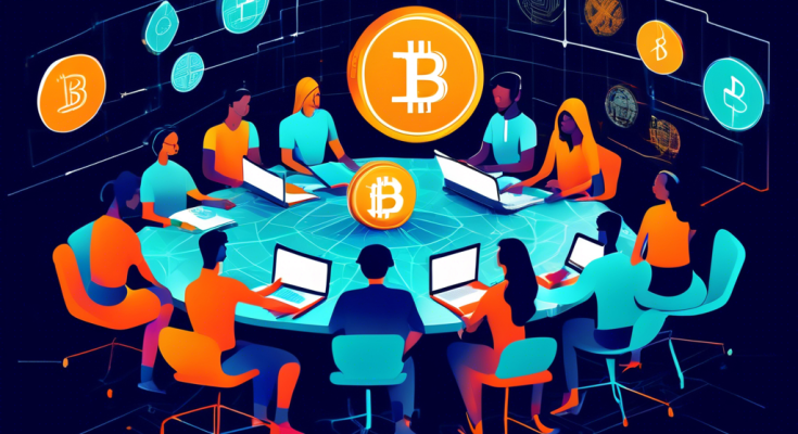 Create an image of a diverse group of people sitting around a table with laptops and notebooks, all engaged in learning about cryptocurrency. The background includes vibrant charts, blockchain symbols, digital coins like Bitcoin, Ethereum, and various crypto icons. The setting should be modern and educational, suggesting a collaborative and friendly atmosphere for beginners.