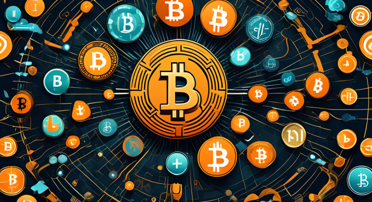 Create an image featuring a diverse collection of various altcoins surrounding a centrally-placed, iconic Bitcoin symbol. Each altcoin should have its own unique design and logo, representing different cryptocurrencies like Ethereum, Litecoin, and Ripple. The background can be a modern, digital matrix with a futuristic vibe, symbolizing the rapidly evolving world of cryptocurrency beyond Bitcoin.