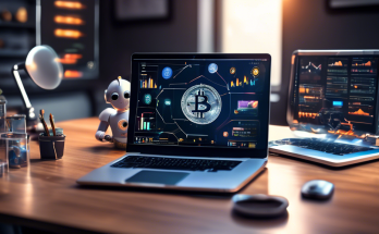 Create an image of a modern, futuristic office desk. On the desk, there is a laptop displaying a beginner's guide to cryptocurrency investment, with diagrams and graphs. Surrounding the laptop are various cryptocurrency symbols like Bitcoin, Ethereum, and Litecoin, creatively floating or resting on the desk. A friendly robot sits next to the laptop, pointing at the screen, giving the impression of offering guidance. In the background, large windows show a cityscape with subtle hints of digital elements interwoven in the skyline. The overall mood should be approachable and educational, with vibrant, engaging colors.