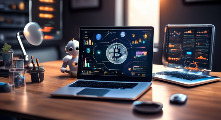 Create an image of a modern, futuristic office desk. On the desk, there is a laptop displaying a beginner's guide to cryptocurrency investment, with diagrams and graphs. Surrounding the laptop are various cryptocurrency symbols like Bitcoin, Ethereum, and Litecoin, creatively floating or resting on the desk. A friendly robot sits next to the laptop, pointing at the screen, giving the impression of offering guidance. In the background, large windows show a cityscape with subtle hints of digital elements interwoven in the skyline. The overall mood should be approachable and educational, with vibrant, engaging colors.