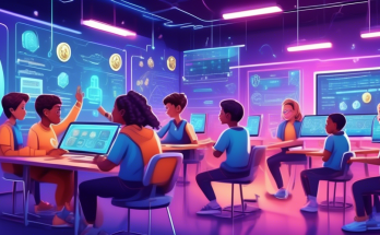 Create a detailed digital illustration featuring a friendly, futuristic classroom scene where a diverse group of eager students of varying ages and backgrounds are excitedly learning about cryptocurrency. The scene should include a holographic teacher explaining key concepts like Bitcoin and blockchain on a high-tech digital board. Surround the classroom with visual elements such as symbolic coins, digital wallets, and vibrant charts. Incorporate a welcoming and educational atmosphere to emphasize the concept of a beginner-friendly guide to cryptocurrency.