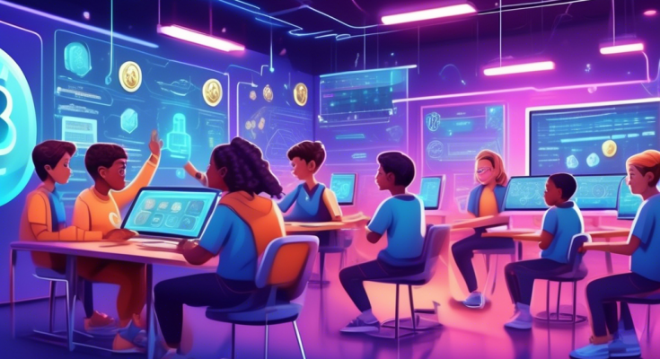 Create a detailed digital illustration featuring a friendly, futuristic classroom scene where a diverse group of eager students of varying ages and backgrounds are excitedly learning about cryptocurrency. The scene should include a holographic teacher explaining key concepts like Bitcoin and blockchain on a high-tech digital board. Surround the classroom with visual elements such as symbolic coins, digital wallets, and vibrant charts. Incorporate a welcoming and educational atmosphere to emphasize the concept of a beginner-friendly guide to cryptocurrency.