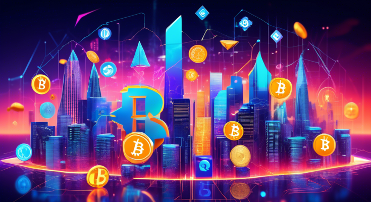 Create a vibrant digital collage featuring various popular cryptocurrencies such as Bitcoin, Ethereum, and others, with symbols and icons representing financial growth, secure investment, and futuristic technology. The background should include elements like a rising graph, futuristic cityscapes, and glowing blockchain networks. Include a prominent '2023' to echo the theme of new investment opportunities.