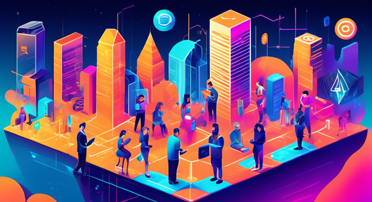 Create a vibrant and futuristic illustration of a digital landscape featuring various crypto exchange platforms, each represented by distinct, modern buildings. Incorporate symbols of popular cryptocurrencies like Bitcoin, Ethereum, and others floating above or integrated into the architecture. Show diverse people interacting with the platforms using devices like smartphones and laptops, highlighting the dynamic and inclusive nature of the crypto market.