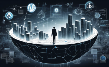 A detailed and modern illustration of a person navigating through a digital landscape filled with blockchain chains, tax documents, cryptocurrency symbols (like Bitcoin, Ethereum), and a calendar marked 2023. The setting is futuristic yet business-like, with a blend of technology and finance elements such as graphs, charts, and digital wallets.