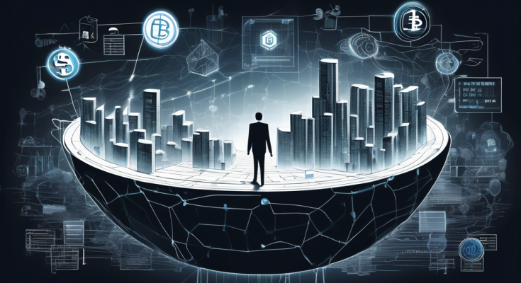 A detailed and modern illustration of a person navigating through a digital landscape filled with blockchain chains, tax documents, cryptocurrency symbols (like Bitcoin, Ethereum), and a calendar marked 2023. The setting is futuristic yet business-like, with a blend of technology and finance elements such as graphs, charts, and digital wallets.