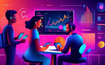 Create an image of a futuristic, sleek trading platform interface with vibrant charts and graphs, set against a dynamic, modern backdrop. In the foreground, a diverse group of beginners, represented by young adults with excited expressions, are engaging with the platform on their tablets and computers. Include subtle visual elements hinting at cryptocurrency, like Bitcoin and Ethereum symbols, to emphasize the digital trading aspect.