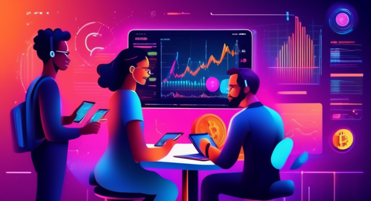 Create an image of a futuristic, sleek trading platform interface with vibrant charts and graphs, set against a dynamic, modern backdrop. In the foreground, a diverse group of beginners, represented by young adults with excited expressions, are engaging with the platform on their tablets and computers. Include subtle visual elements hinting at cryptocurrency, like Bitcoin and Ethereum symbols, to emphasize the digital trading aspect.