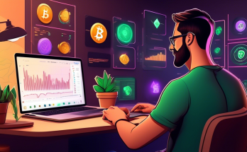 Illustrate a modern and visually appealing image that showcases a beginner enthusiast with a laptop, engaged in exploring cryptocurrency trading on the Robinhood app. The setting should be a cozy home office with warm lighting and contemporary decor, featuring charts, graphs, and various cryptocurrency icons like Bitcoin and Ethereum on the laptop screen. Include subtle hints of financial growth and learning, such as a stack of books titled Crypto 101 and Investing Insights on the desk, and post-it notes with tips and strategies on the wall.