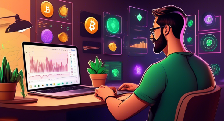 Illustrate a modern and visually appealing image that showcases a beginner enthusiast with a laptop, engaged in exploring cryptocurrency trading on the Robinhood app. The setting should be a cozy home office with warm lighting and contemporary decor, featuring charts, graphs, and various cryptocurrency icons like Bitcoin and Ethereum on the laptop screen. Include subtle hints of financial growth and learning, such as a stack of books titled Crypto 101 and Investing Insights on the desk, and post-it notes with tips and strategies on the wall.