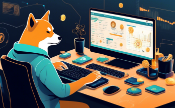 An illustrative scene featuring a person at a computer, following a step-by-step guide to buy Shiba Inu Coin. Icons of cryptocurrency exchanges, digital wallets, and the Shiba Inu coin logo are visible on the screen. The background includes subtle elements like blockchain graphics and financial charts to emphasize the digital currency aspect.