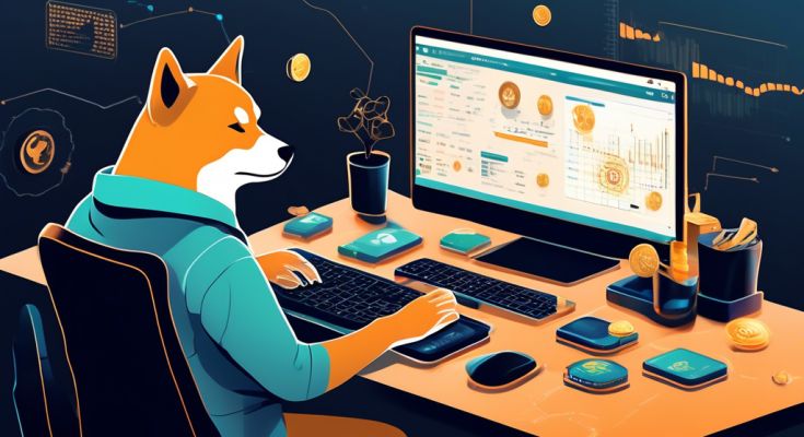 An illustrative scene featuring a person at a computer, following a step-by-step guide to buy Shiba Inu Coin. Icons of cryptocurrency exchanges, digital wallets, and the Shiba Inu coin logo are visible on the screen. The background includes subtle elements like blockchain graphics and financial charts to emphasize the digital currency aspect.