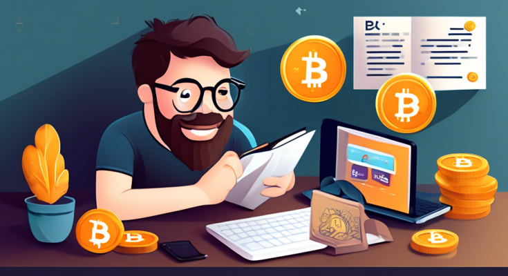 Create a detailed digital illustration for a beginner's guide on how to get free cryptocurrency. The scene should include a person sitting at a desk, excitedly reading a guidebook with the title 'Free Crypto for Beginners.' The desk should have a laptop displaying crypto icons like Bitcoin, Ethereum, and others. Include elements like a smartphone showing a crypto wallet app with free rewards and a calendar highlighting dates for crypto airdrops and faucets. The background should be a blend of tech and finance symbols indicating security and growth, such as padlocks and upward graphs.