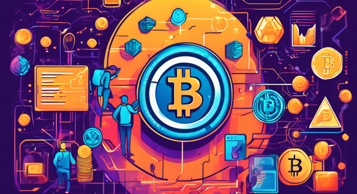 Create a vibrant and engaging illustration of a beginner enthusiast navigating the world of cryptocurrency. The scene should include a digital wallet, blockchain connections, and various popular cryptocurrencies like Bitcoin and Ethereum. Emphasize educational elements, such as a guidebook and icons representing security and decentralization, to convey the essence of learning and upholding crypto.