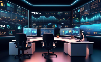 Create an image of a futuristic digital trading platform with sleek interfaces, displaying charts and graphs of cryptocurrency performance. On the side, there should be a modern office setting with individuals looking at the screens, discussing investment strategies. Incorporate elements like the Webull logo and various cryptocurrency icons like Bitcoin and Ethereum. The overall atmosphere should be professional, dynamic, and technologically advanced.