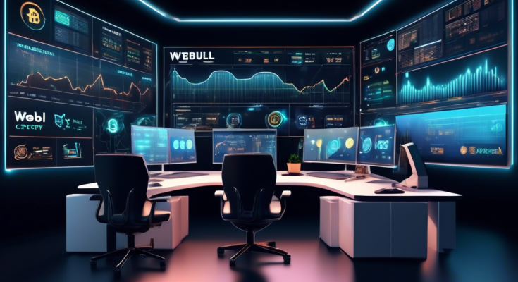 Create an image of a futuristic digital trading platform with sleek interfaces, displaying charts and graphs of cryptocurrency performance. On the side, there should be a modern office setting with individuals looking at the screens, discussing investment strategies. Incorporate elements like the Webull logo and various cryptocurrency icons like Bitcoin and Ethereum. The overall atmosphere should be professional, dynamic, and technologically advanced.