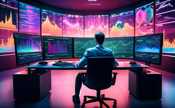 A futuristic, high-tech trading room with multiple monitors displaying colorful cryptocurrency charts and graphs. A focused trader is seated at the desk, intently analyzing market trends. The room features sleek, modern design elements and a large window showing a vibrant cityscape at dawn. The overall atmosphere is electric and dynamic, capturing the essence of mastering day trading in the world of cryptocurrency.