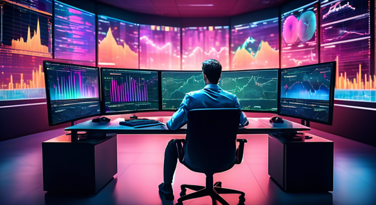 A futuristic, high-tech trading room with multiple monitors displaying colorful cryptocurrency charts and graphs. A focused trader is seated at the desk, intently analyzing market trends. The room features sleek, modern design elements and a large window showing a vibrant cityscape at dawn. The overall atmosphere is electric and dynamic, capturing the essence of mastering day trading in the world of cryptocurrency.