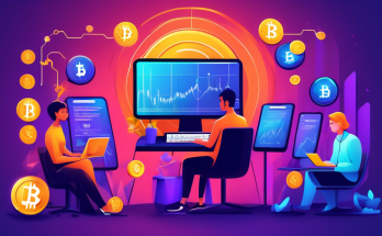 Create a vibrant and engaging illustration depicting a beginner's journey in maximizing profits with cryptocurrency stocks. The scene should include a diverse group of individuals using laptops and smartphones, analyzing graphs and charts with rising trends, and digital coins such as Bitcoin and Ethereum. Incorporate elements of financial growth, education, and digital technology to emphasize learning and profit-maximization in the cryptocurrency market.