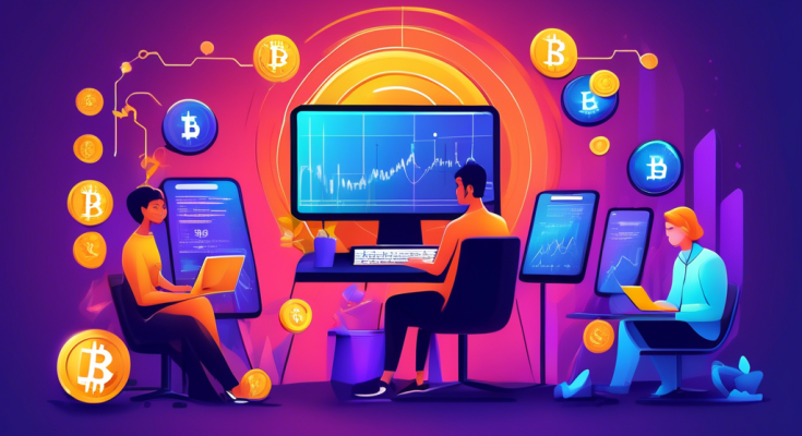 Create a vibrant and engaging illustration depicting a beginner's journey in maximizing profits with cryptocurrency stocks. The scene should include a diverse group of individuals using laptops and smartphones, analyzing graphs and charts with rising trends, and digital coins such as Bitcoin and Ethereum. Incorporate elements of financial growth, education, and digital technology to emphasize learning and profit-maximization in the cryptocurrency market.