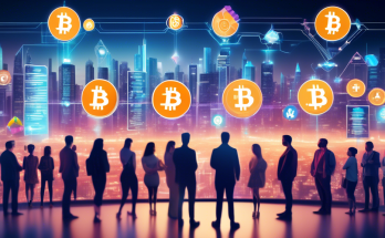 Create an image of a diverse group of people gathered around a futuristic digital board displaying various cryptocurrency icons such as Bitcoin, Ethereum, and Litecoin. The background should feature a sleek, modern cityscape with elements of blockchain technology, including interconnected nodes and digital coins. The atmosphere should be vibrant, showcasing energy and anticipation. There should also be futuristic devices like holographic tablets and AR glasses, suggesting the high-tech nature of modern cryptocurrency investing.