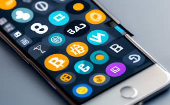 Create an image of a smartphone screen filled with various cryptocurrency app icons, each representing a different popular app like Coinbase, Binance, and Kraken. Display graphs, Bitcoin logos, and blockchain symbols as widgets on the screen. The background should be a sleek modern office setting, with subtle elements like a laptop and coffee mug to emphasize productivity.