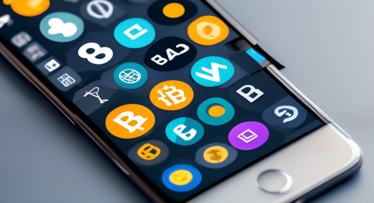 Create an image of a smartphone screen filled with various cryptocurrency app icons, each representing a different popular app like Coinbase, Binance, and Kraken. Display graphs, Bitcoin logos, and blockchain symbols as widgets on the screen. The background should be a sleek modern office setting, with subtle elements like a laptop and coffee mug to emphasize productivity.