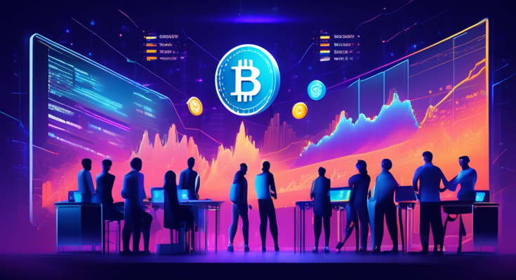 Create a detailed and vibrant image of a futuristic, high-tech cryptocurrency exchange platform. Show a diverse group of people enthusiastically trading various cryptocurrencies like Bitcoin, Ethereum, and Ripple. Include digital screens displaying live market data, charts, and graphs in the background, and ensure the atmosphere conveys a sense of excitement and innovation. The setting should be sleek and modern, with elements of advanced technology and security.