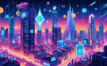 An illustrated futuristic cityscape with towering digital buildings, each representing a top crypto trading platform such as Binance, Coinbase, and Kraken. The buildings are adorned with glowing digital symbols of various cryptocurrencies like Bitcoin, Ethereum, and Cardano. People are seen engaging with holographic trading charts and using augmented reality devices to explore investment opportunities. Flying vehicles shaped like digital wallets are zooming across the sky, signifying secure and fast transactions.